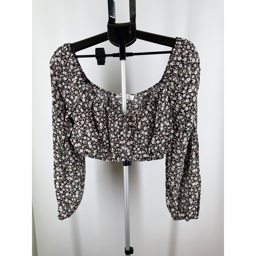 Elodie Womens Floral Crop Top XL Long Sleeve Square Neck Black Pink Daisy Blouse